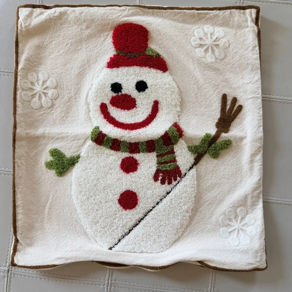 Snowman Pillow Covers Set of 2 Cream Red Green 16x16 Rustic Christmas Farmhouse